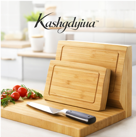 Kashgdyiua™ Premium Bamboo Cutting Board Set with Storage Stand – 3-Piece