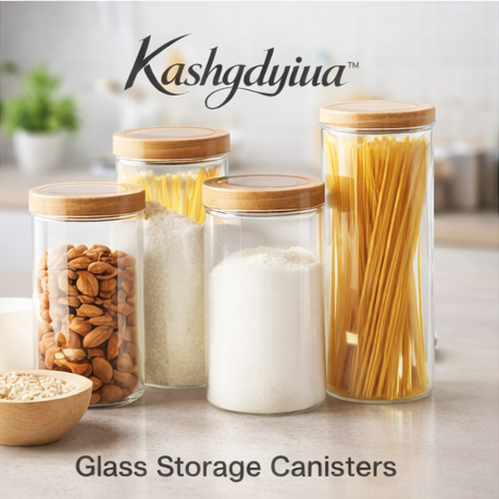 Kashgdyiua™ Glass Storage Canisters with Bamboo Lids – 4-Pack Set